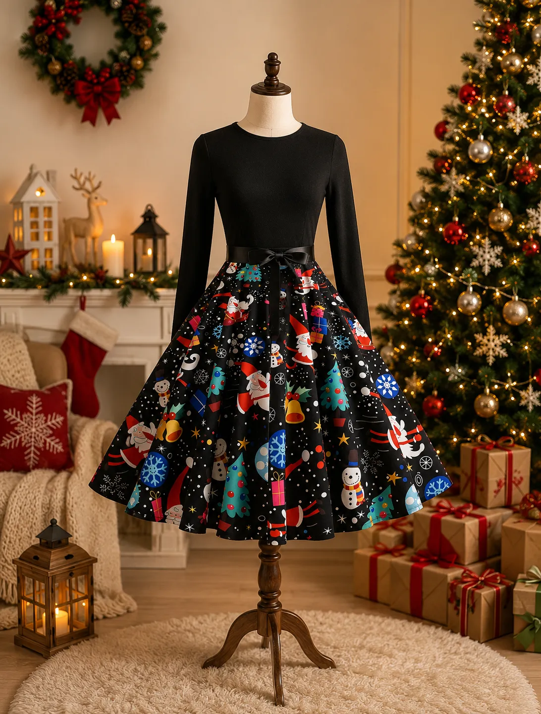 Black with Blue Snow Flakes Christmas Skirt